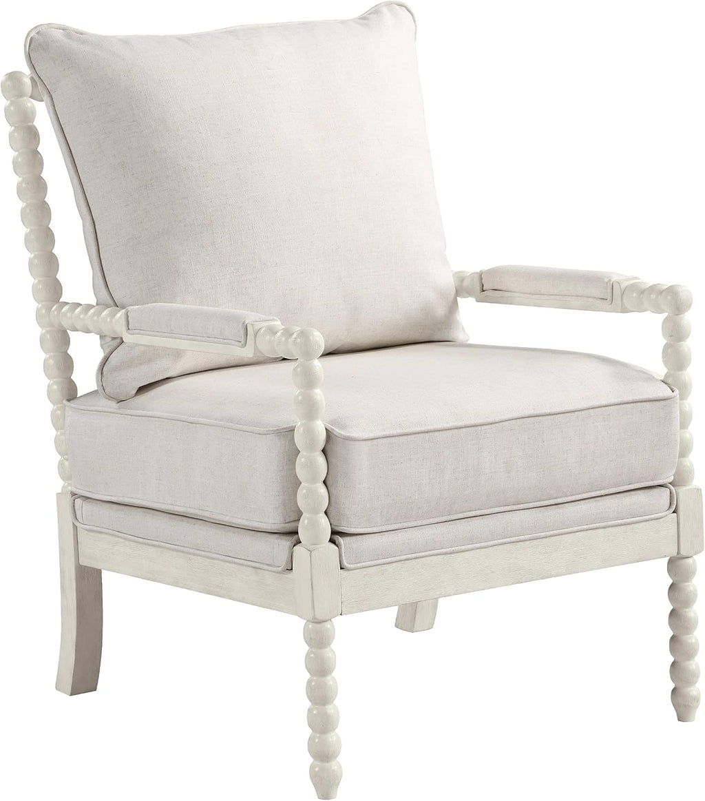 OSP Home Furnishings Kaylee Spindle Accent Chair with Antique White Wood Frame, White Linen Fabric