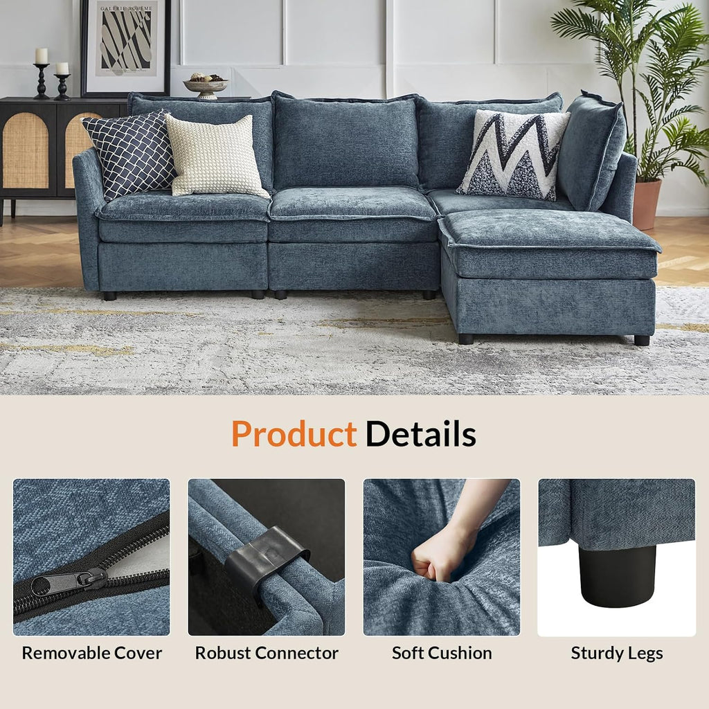 HULALA HOME 97'' Modular Sectional Sofa, L Shaped Couch with Storage Ottoman, Comfy Chenille Sofa with Deep Seat, 4 Seat Convertible Sectional Couches for Living Room, Blue