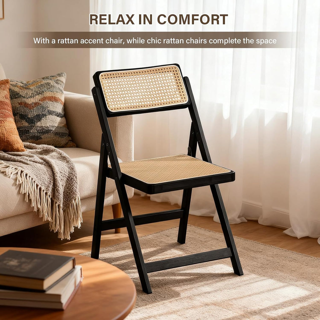Furlide Rattan Folding Chairs, Modern Mid Century Dining Chairs Set of 2, Outdoor Bamboo Chairs for Bedroom Living Room Reading Room Dining Kitchen, Black