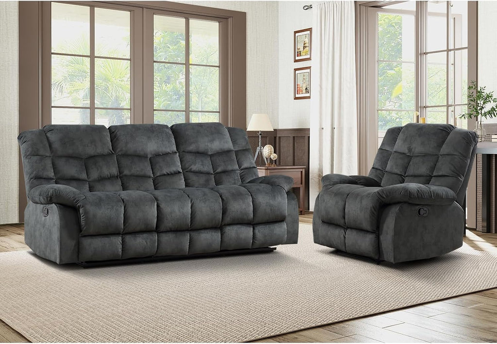 EBELLO Manual Recliner Couch Set, Soft Fabric Reclining Living Room Sofa Set, Included 2 Single Recliner Chair and 3PC Bonded Sofa Couch, Grey Green