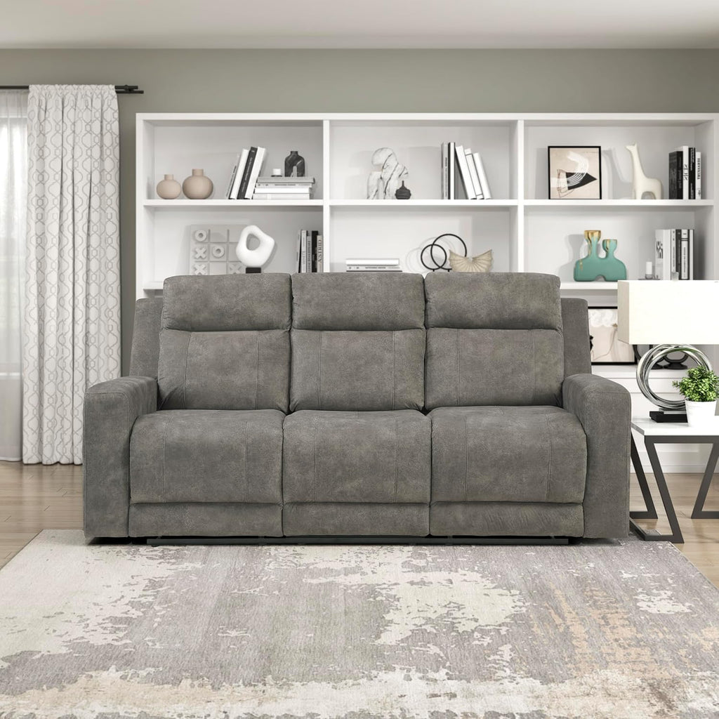 Lexicon Manual Double Reclining Sofa, Textured Microfiber Upholstered 3 Seater Manual Sofa Recliner for Living Room, Wall Hugger, Track Arm, Easy Assembly, Brown