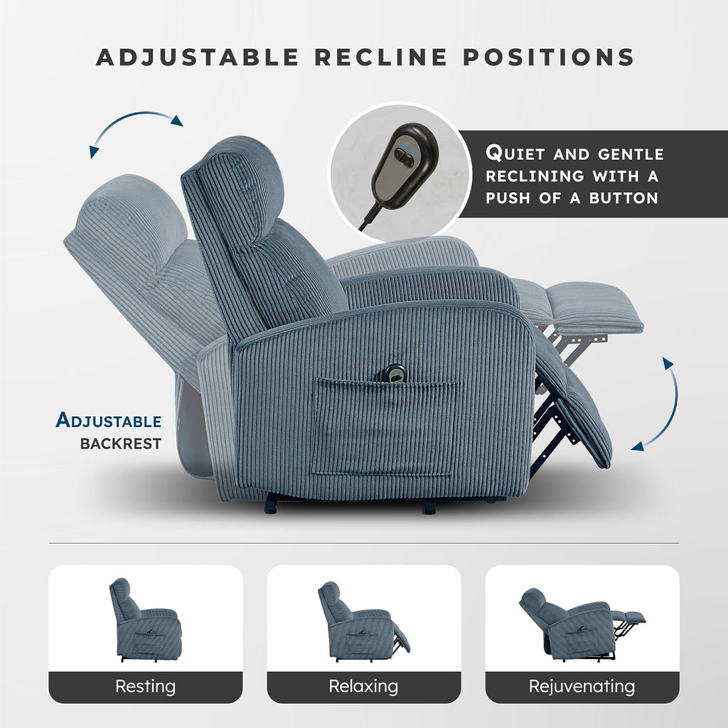 Lexicon Power Lift Recliner Chair for Elderly with Remote Control, Gentle Lift Motion, Side Pocket Armrest, Corduroy Upholstered Electric Recliner for Living Room/Bedroom, Easy Assembly, Midnight Blue