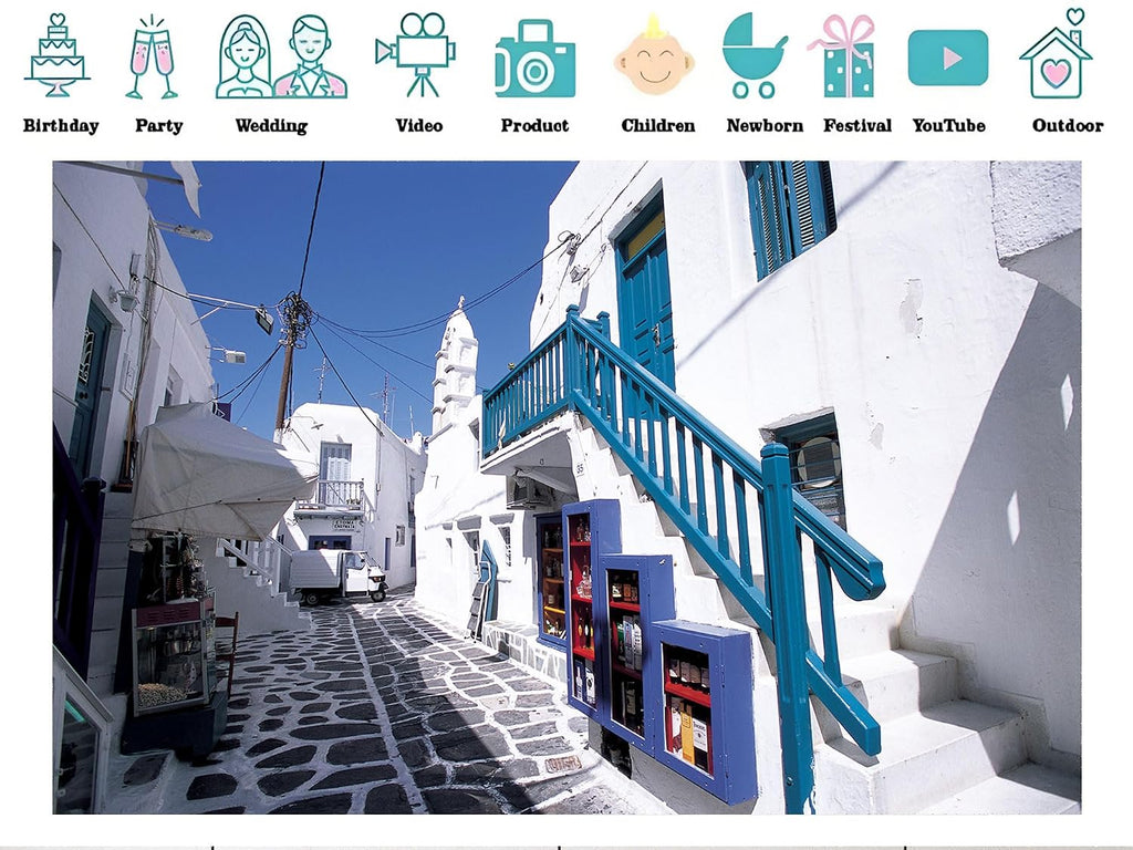 20x10ft Fabric Mykonos Greece Narrow Alley with Blue Staircase and Shops Backdrop Vibrant Travel Background for Summer Themed Party Decorations Home Wall Hanging Tapestry Photo Booth Props