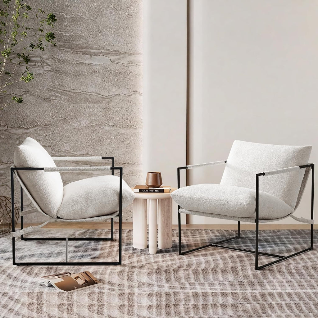 Furnilivng Large Sling Accent Chairs Set of 2, Comfortable Boucle Fabric Arm Chair, Upholstered Cozy Reading Chair for Living Room, Bedroom, Dressing Room, Home Office, White