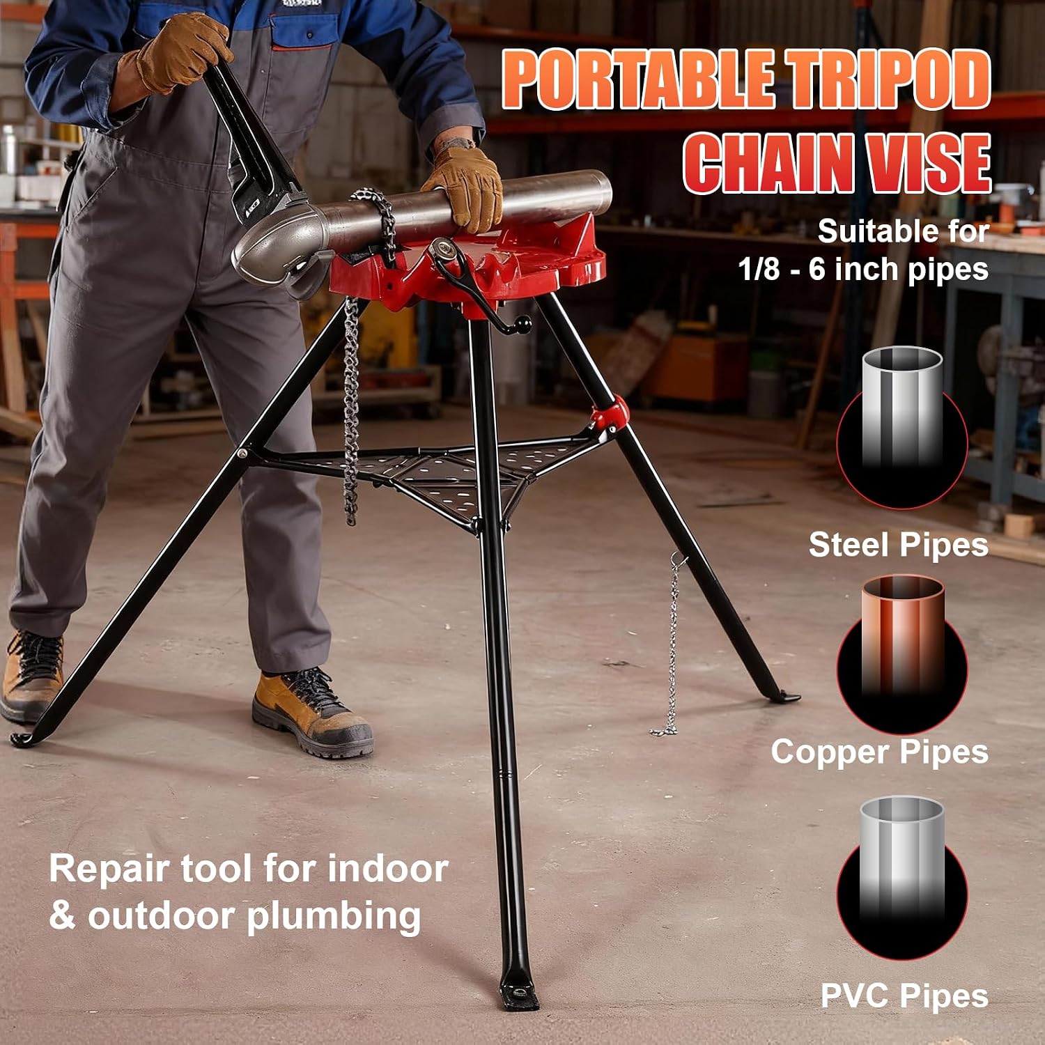 Tripod Pipe Vise Stand, Heavy-Duty 1/8'-6' Capacity, Portable Chain Vise with Tool Tray for Welding & Plumbing