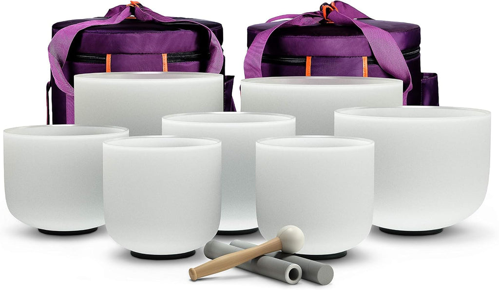 TOPFUND 7-12 inch 440 Hz Chakra Set of 7 Crystal Singing Bowls with Heavy Duty Carrying Cases and Singing Bowl Mallets