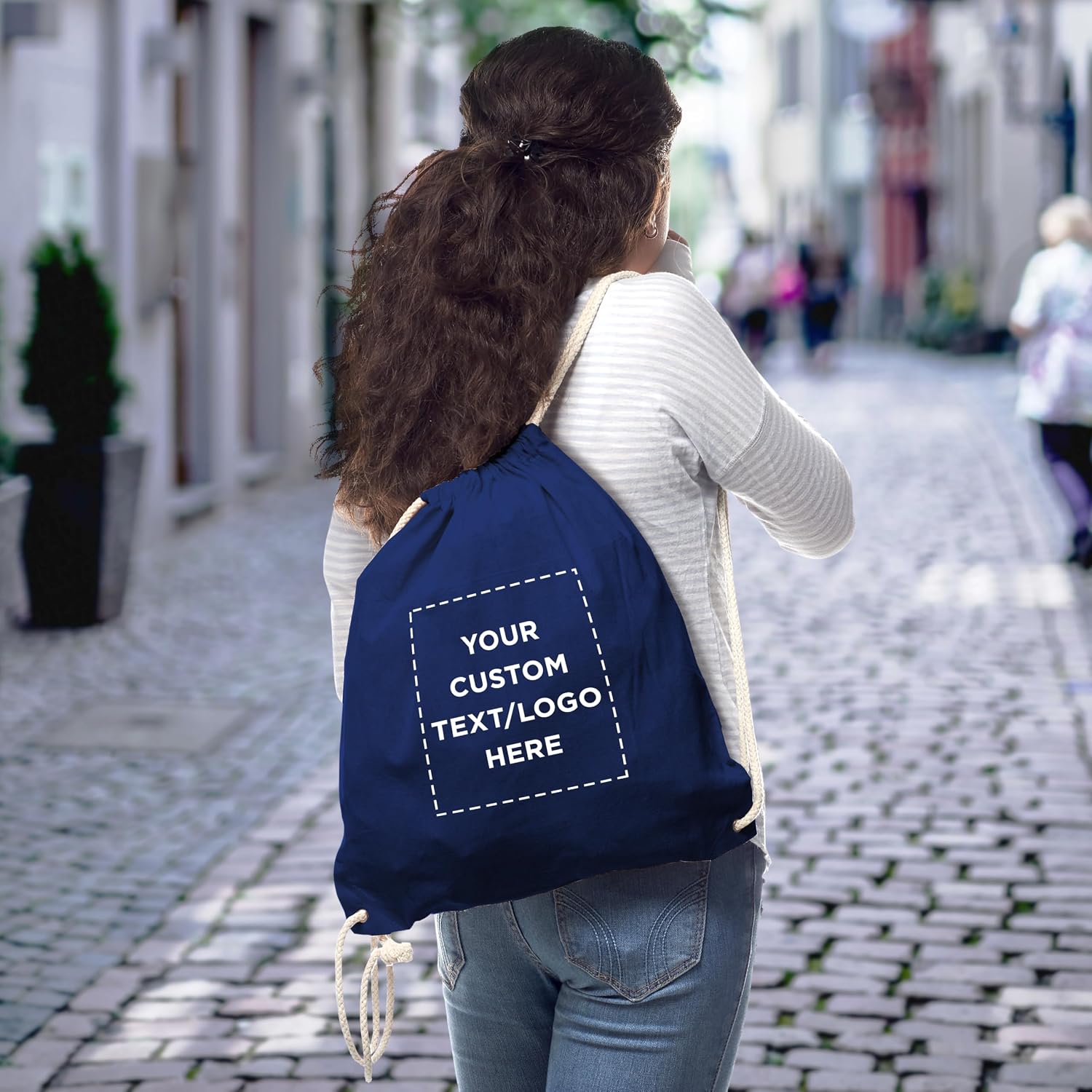 DISCOUNT PROMOS Custom Cotton Drawstring Backpacks Set of 100, Personalized Bulk Pack - Bring Everywhere You Go and For Everyday Use - Navy Blue