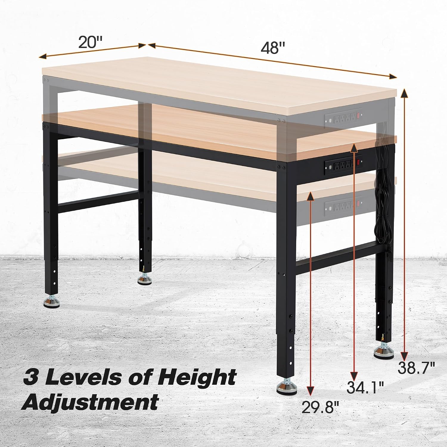 Antifir 48' Adjustable Workbench，Heavy Duty Wood Work Bench 2000 Lbs Load Capacity,Work Table with Power Outlet for Garage, Workshop, Office, Home