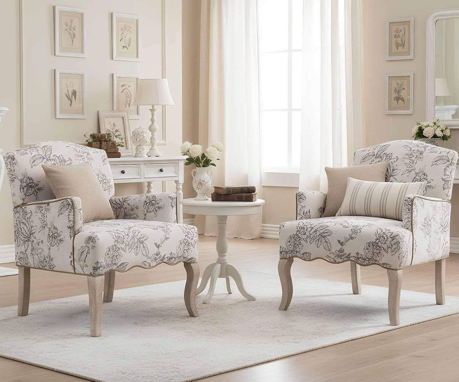 Floral Accent Chair Fabric Comfy Single Sofa Upholstered Modern Reading Chair with Removable Pillow Wingback Arm Chair for Living Room/Bedroom/Fireplace, Beige