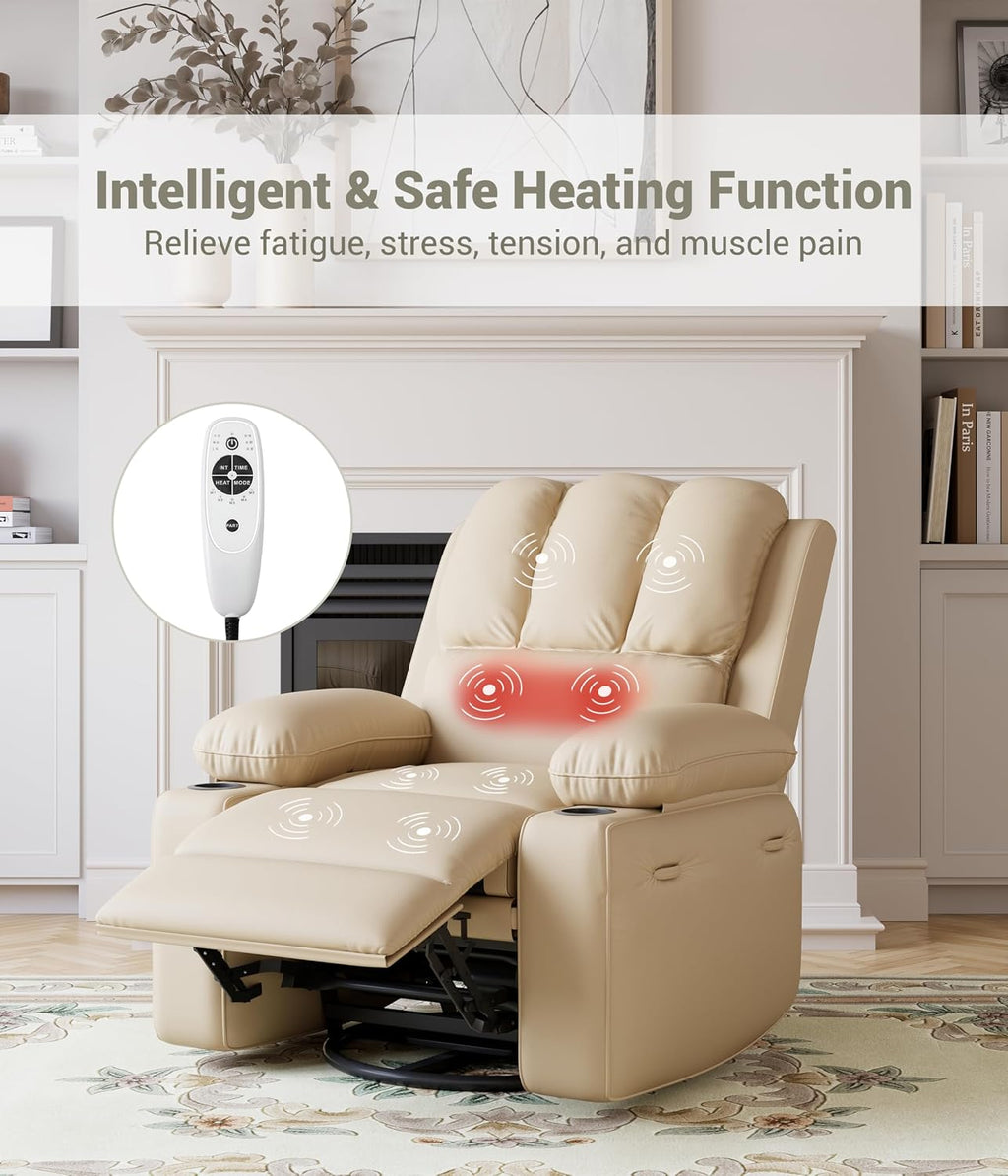 GarveeHome Oversized Recliner Chairs with Heat and Massage - 360° Swivel Lazy Recliner Chair for Adults- Manual Chair with Cup Holder for Living Rooms, Bedrooms and Nurseries - Creamy