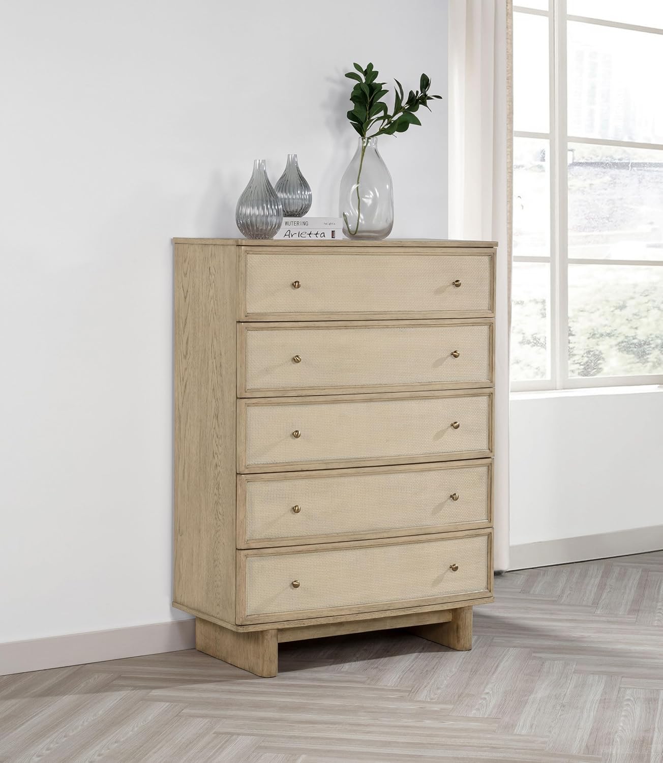 Coaster Home Furnishings - Kailani - Wood - 5-Drawer Chest with Antique Brass Hardware, Cane Fronts, Metal Extension Glides and Round Knobs - Coastal - Bedroom - Beige Oak - 225045