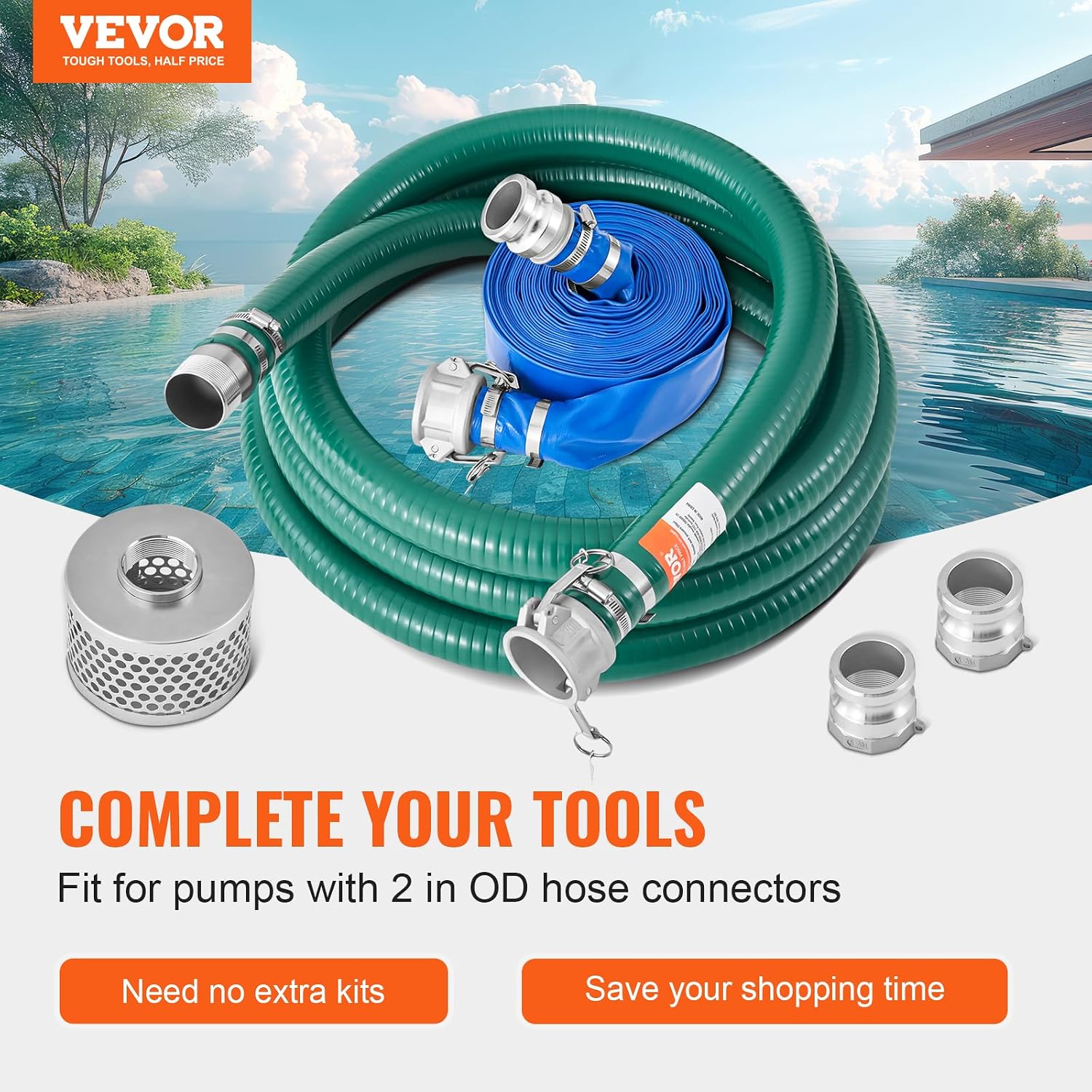 VEVOR Suction Hose Kit for Water Pump, with 2 in x 50 ft Blue Backwash Hose, 20 ft Green Suction Hose, and Steel Round Hole Strainer, Camlocks, Clamps, Cam & Groove Adapter, for Multiple Purposes