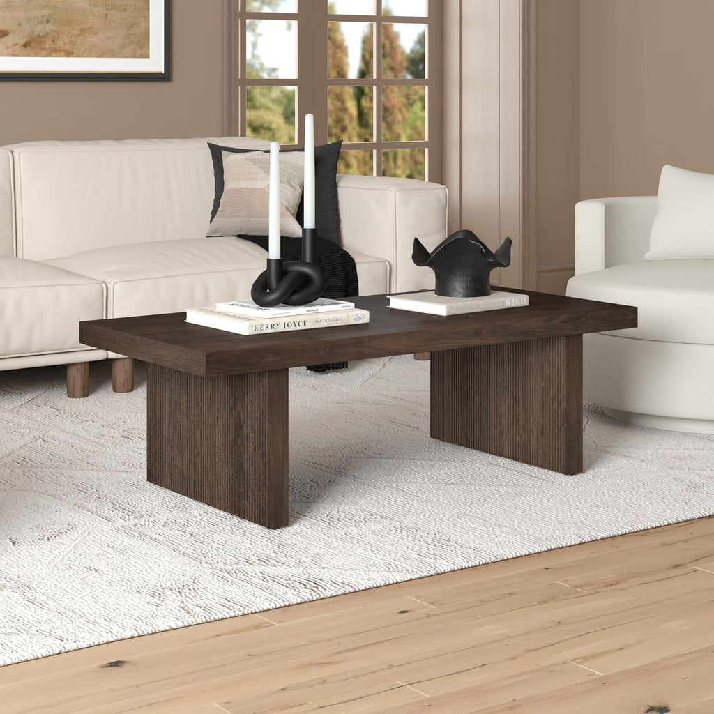 Henn&Hart 48' Fluted Rectangular Low-Profile Coffee Table with Ribbed Base for Living Room, Family Room, or Office, Rich Brown
