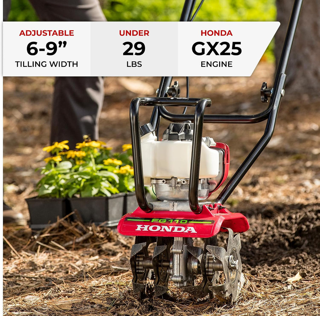 Honda FG110 Mini Tiller Cultivator, 6- to 9-Inch Tilling Width, Break New Ground or Prep Soil, Gas Engine, Adjustable Depth Bar (FG110KiAT)