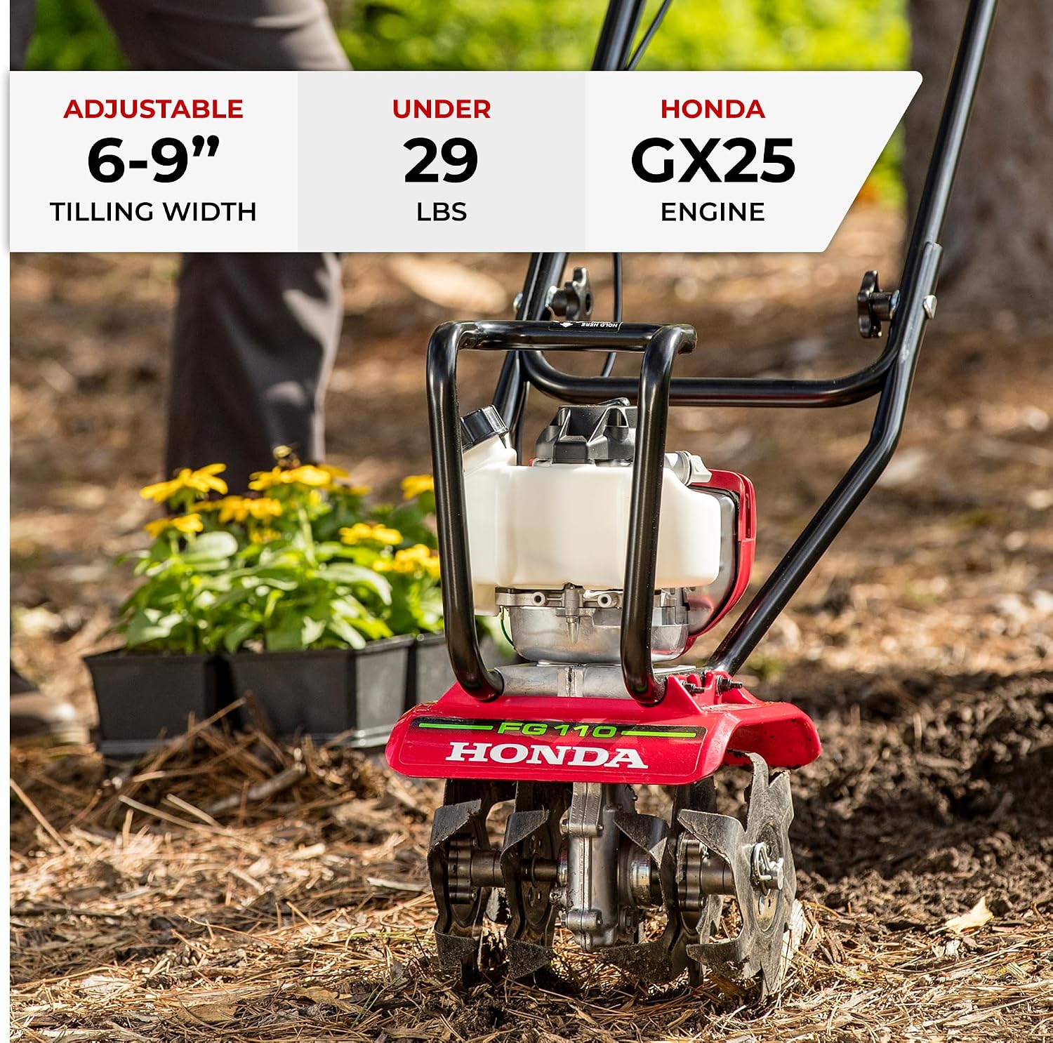 Honda FG110 Mini Tiller Cultivator, 6- to 9-Inch Tilling Width, Break New Ground or Prep Soil, Gas Engine, Adjustable Depth Bar (FG110KiAT)