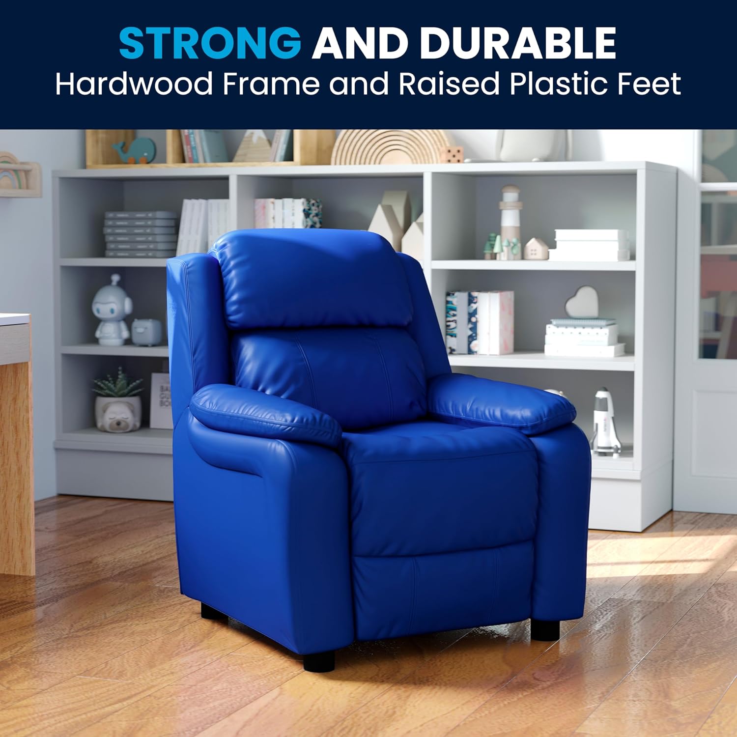 Flash Furniture Charlie Vinyl Kids Recliner with Flip-Up Storage Arms and Safety Recline, Contemporary Reclining Chair for Kids, Supports up to 90 lbs., Blue