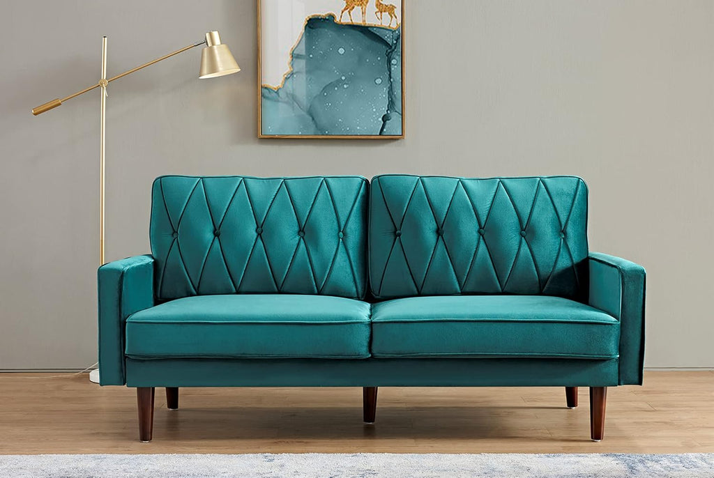 Container Furniture Modern Style Tufted Velvet Couches for Living Room with Soft Fabric Upholstery and Solid Wood Frame, 2 Piece Sofa and Loveseat Set, Green