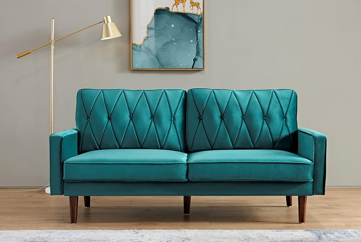 Container Furniture Modern Style Tufted Velvet Couches for Living Room with Soft Fabric Upholstery and Solid Wood Frame, 2 Piece Sofa and Loveseat Set, Green