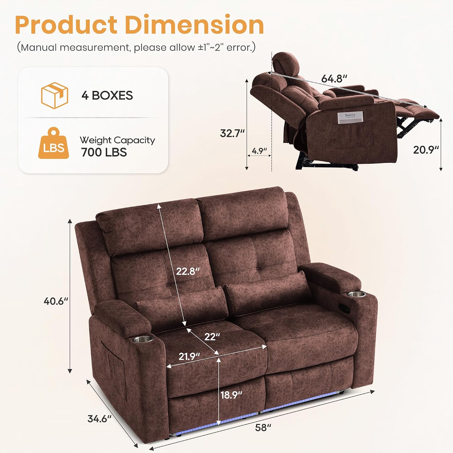 Power Reclining Loveseat with LED Lights/Arm Storage, Wall Hugger Loveseat Recliner with USB Ports, 2 Cushions, Power Loveseat Sofa for Living Room, Home, RV Camper(Brown, 2 Seat)