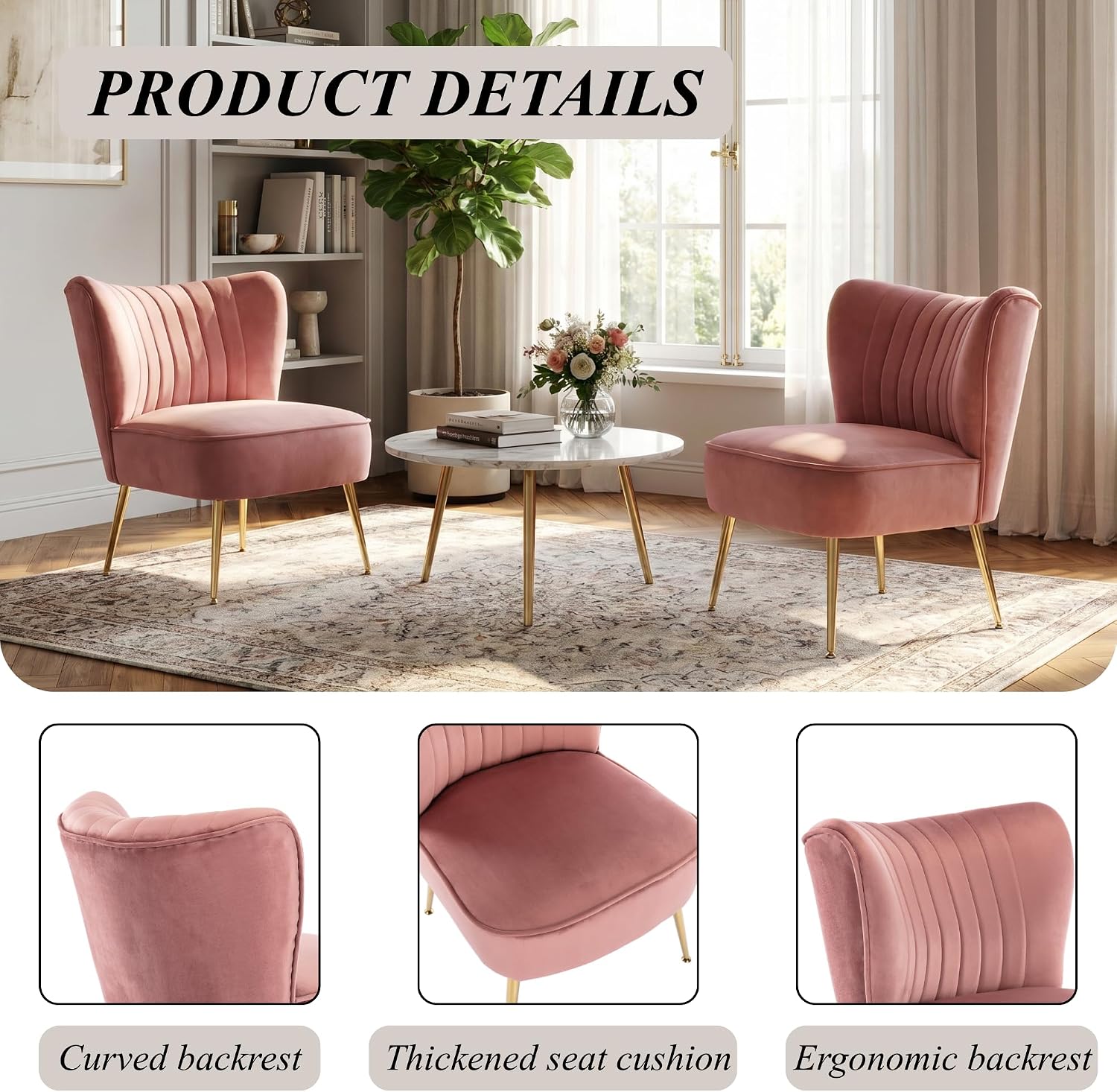 Velvet Accent Chairs Set of 2 Comfy Living Room Chair Armless Slipper Chair Mid Century Side Single Sofa Chair with Golden Legs Wingback for Bedroom Guest Room, Pink