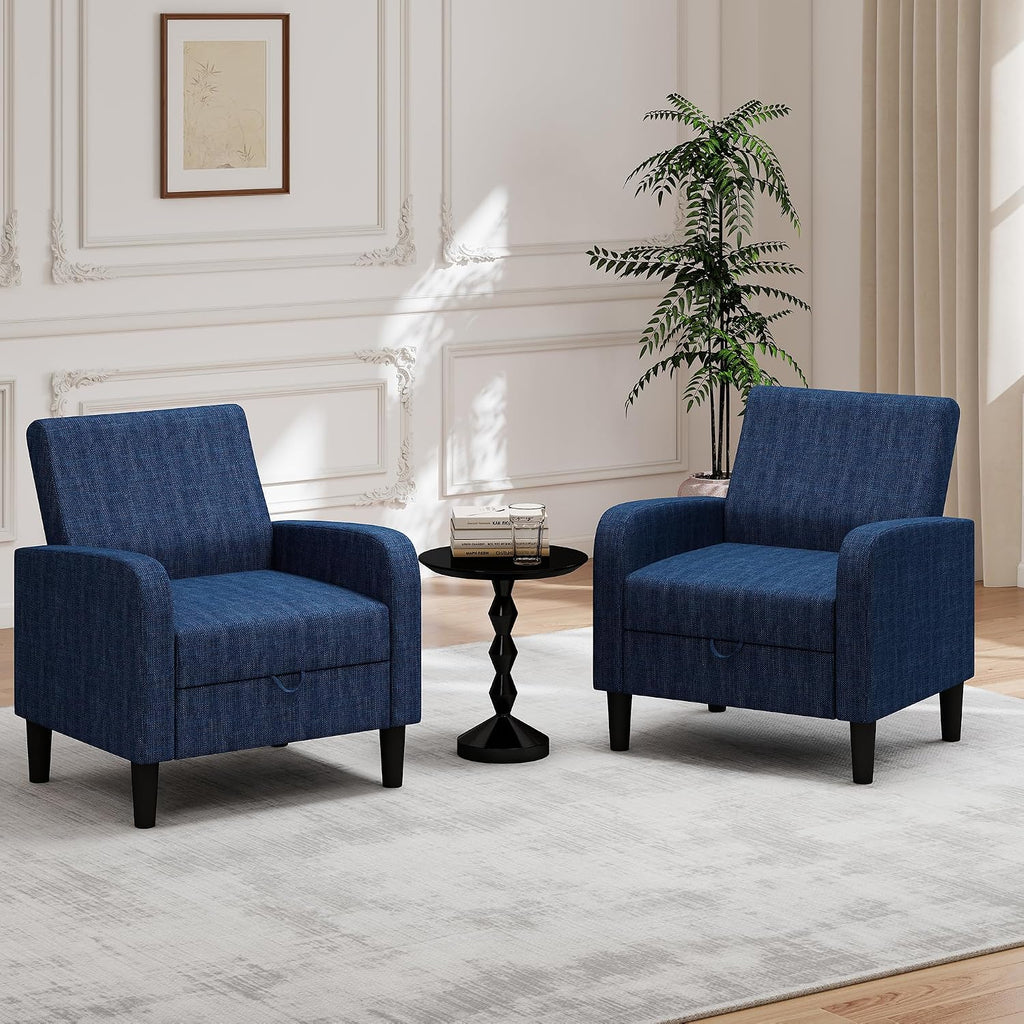 DAGONHIL Living Room Chair, Accent Chair Upholstered Reading Chair for Bedroom, Linen Fabric Armchair, Single Sofa for Living Room/Office/Library (Blue, 2 Pack)