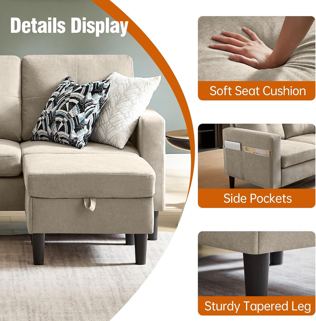 Sectional Sofa Couches for Living Room, L Shaped Couch 3-Seat Convertible Sectional Sofas with Removable Storage Ottoman, Modern Polyester Fabric (Beige)