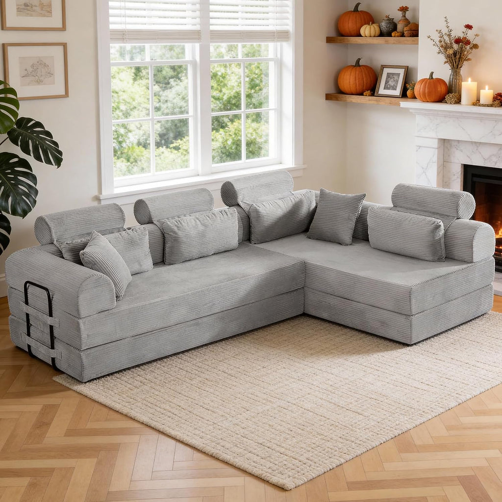 KEIKI 6-in-1 Folding Convertible High Back Sofa Sleeper, 106' Oversized Modular Sectional Corduroy UpholsteredL Shape Couches for Living Room, High-Density Foam Chaise Lounge Indoor, Light Gray