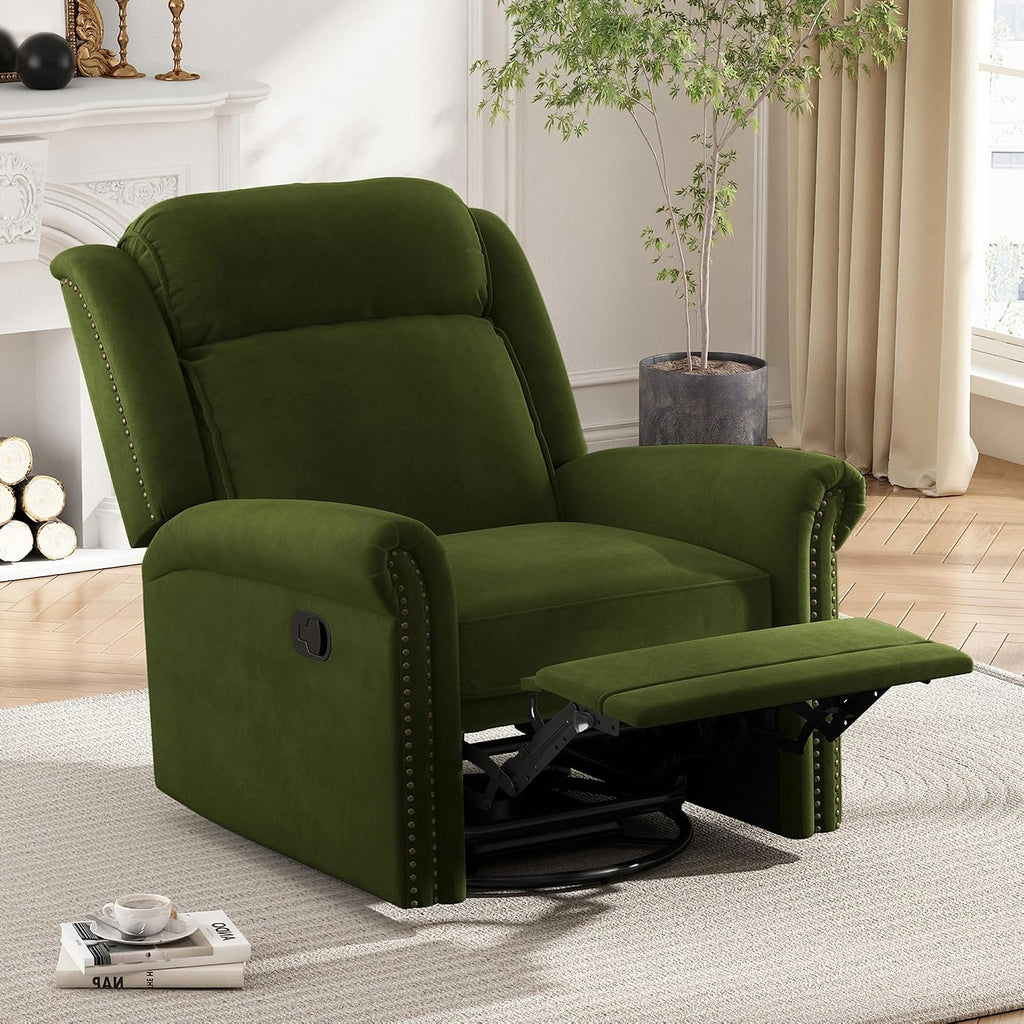 Christopher Knight Home 360° Swivel Recliner, Velvet Rocking Recliner Upholstered Recliner Chair, Rocker with Adjustable Backrest Nailhead Trims, Green