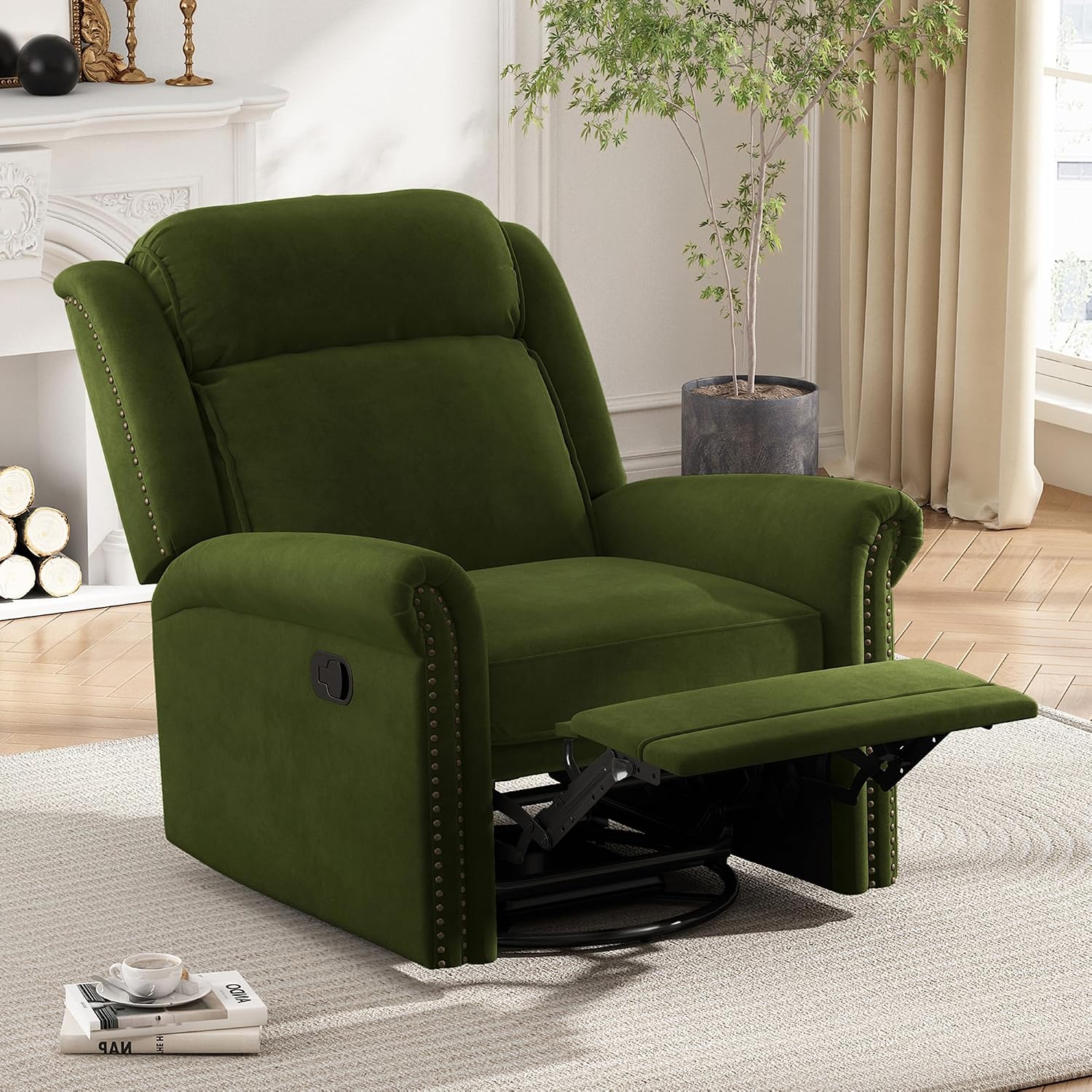 Christopher Knight Home 360° Swivel Recliner, Velvet Rocking Recliner Upholstered Recliner Chair, Rocker with Adjustable Backrest Nailhead Trims, Green