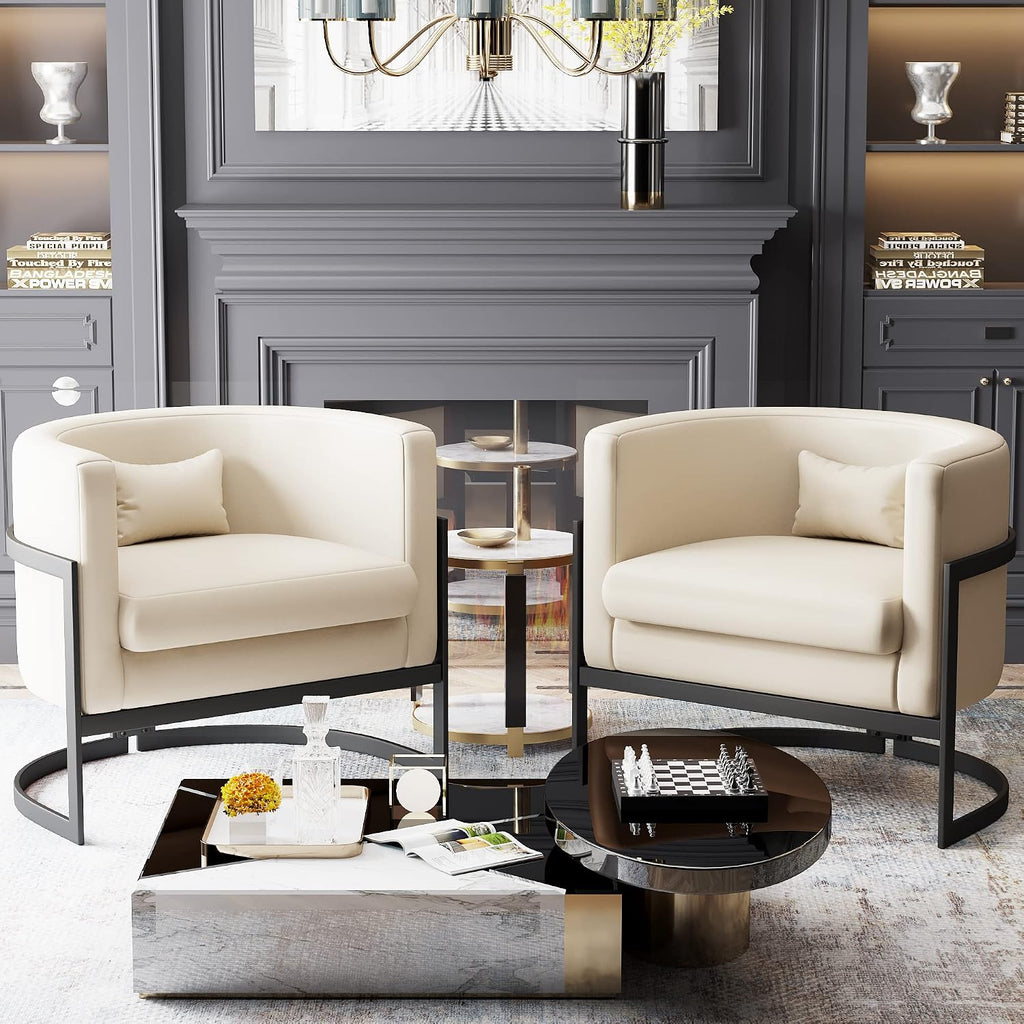 Faux Leather Accent Chair Modern Barrel Chair Upholstered Armchair for Living Room Bedroom Single Sofa Chair Club Chairs Beige