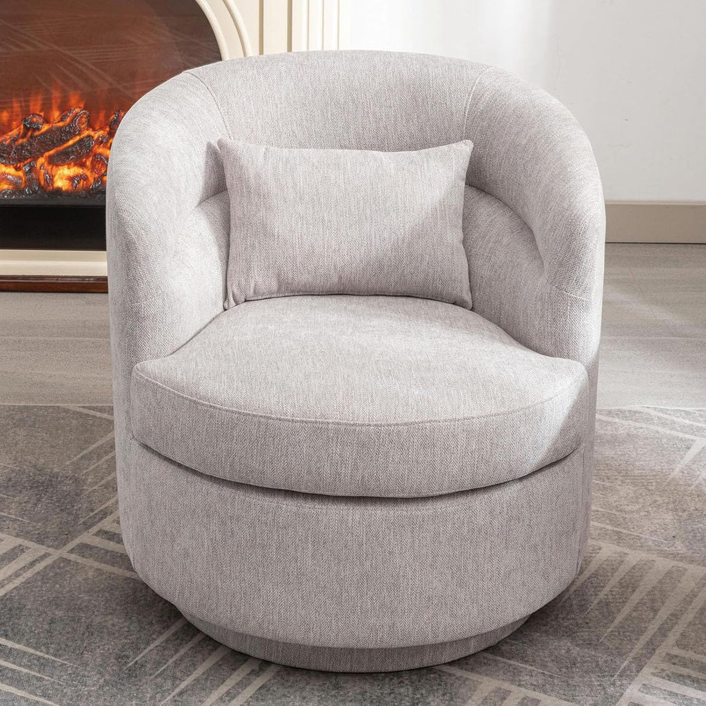 CANMOV Swivel Accent Chair, 360 Degree Round Swivel Barrel Chair with Pillow, Upholstered Comfy Barrel Armchair Single Club Sofa Chair for Living Room,Bedroom, Reading Room, Grey
