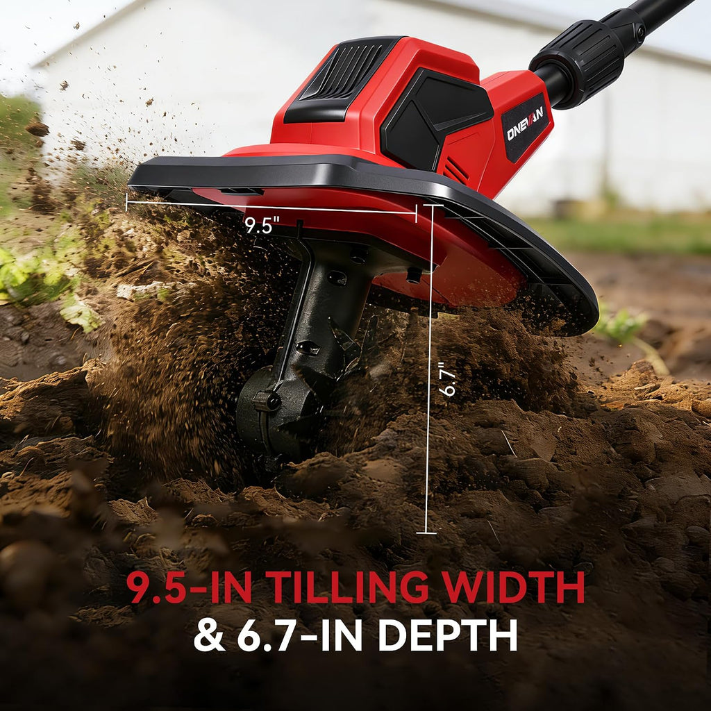 Cordless Tiller for Gardening, 360RPM Electric Garden Tiller with 2x4.0Ah Batteries & Charger, 9.5In Tilling Width and 6.7In Depth Garden Rototiller Cultivator for Lawn, Gardening, Soil Cultivation