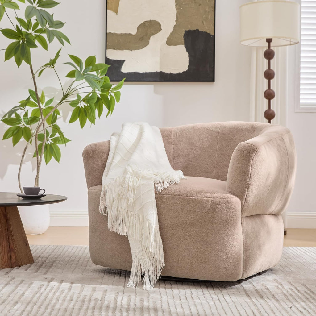 Christopher Knight Home Manie Plush Fabric 360° Swivel Accent Chair, Solid Wood Living Room Swivel Barrel Chair, Rotating Single Lounge Sofa, Comfy Reading Armchair, Beige/Camel