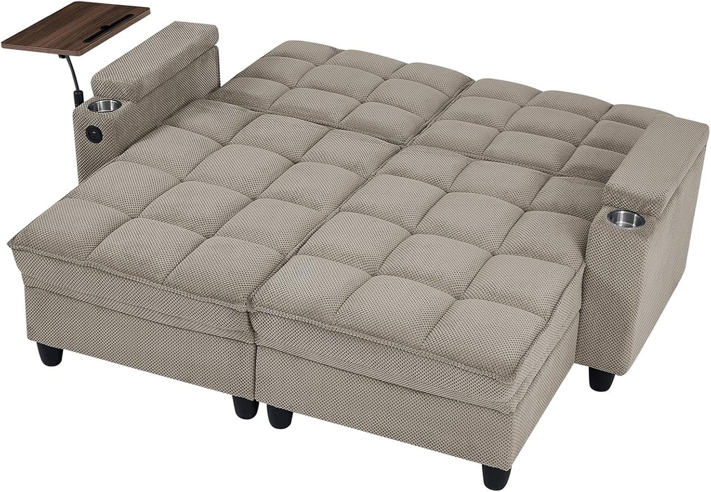 Eafurn Double Chaise Lounge Convertible Sleeper Chair Sofabed W/Storage and 6-Position Reclining Backrest, Modern Tufted Recliner Lounge Chaise Couch with Swivel Table & USB for Living Room