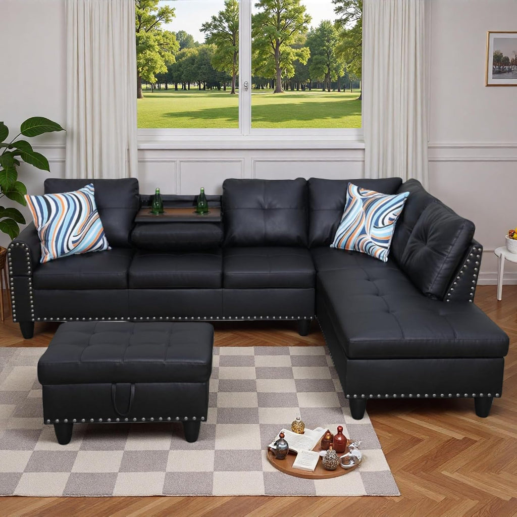 L-Shaped Sectional Sofa with Movable Chaise & Storage Ottoman - 3-Piece Leather Modular Convertible Couch for Living Room, Apartment & Home Office, Gloss Black