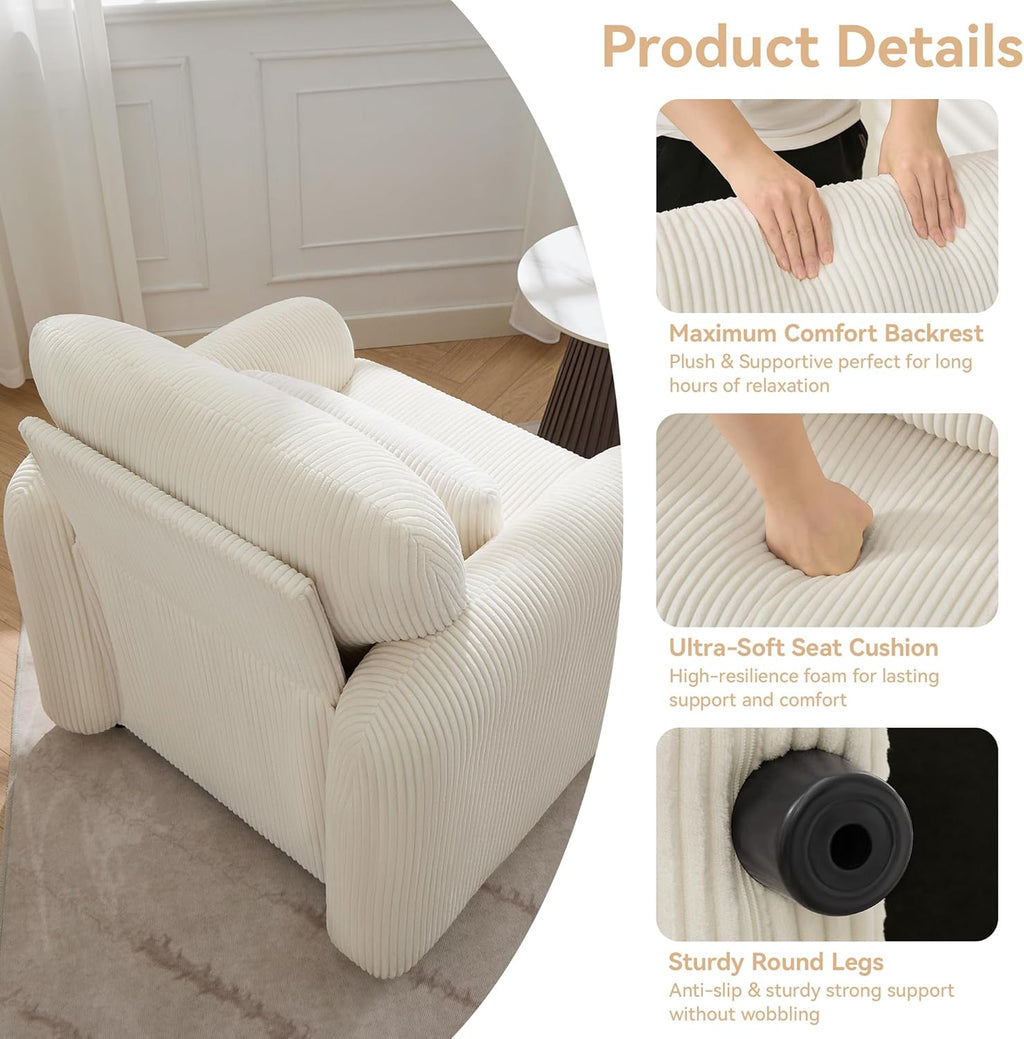 WUTUTUEE Corduroy Fabric Accent Chairs Set of 2, Modern Upholstered Living Room Chairs with Lumbar Pillow, Wide Comfy Leisure Armchair for Bedroom, Office, Reading, White
