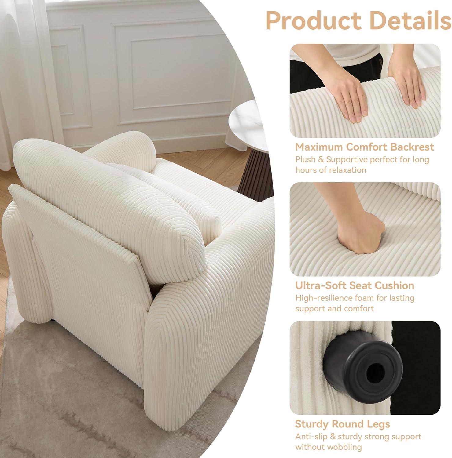 WUTUTUEE Corduroy Fabric Accent Chairs Set of 2, Modern Upholstered Living Room Chairs with Lumbar Pillow, Wide Comfy Leisure Armchair for Bedroom, Office, Reading, White