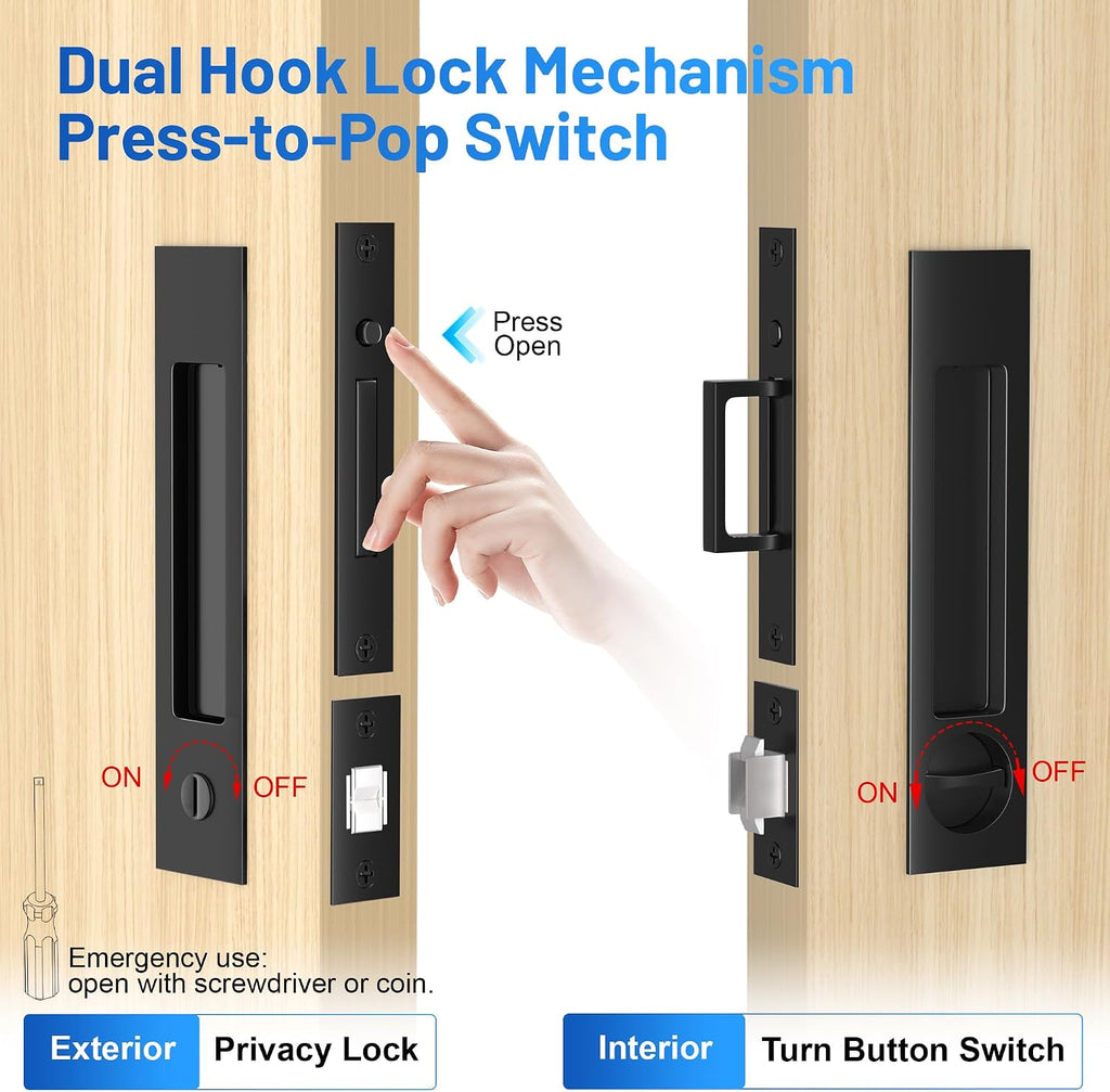 Dontay Pocket Door Handle and Edge Pull, Narrow Modern Rectangular Keyed Entry Function, Recessed Sliding Door Hardware for 1 3/8' to 2 3/16' Thickness Door (Privacy Lock, Matte Black, 2 Pack)