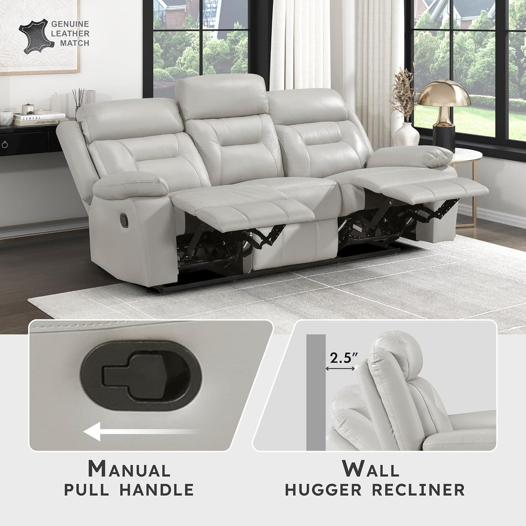 Lexicon Reclining Sofa for Living Room, Double Recliner RV Couch, Manual Wall Hugger Recliner, Home Theater Seating Leather Match Reclining Sofa with Pillow Top Armrests, 87''W Couch, Silver