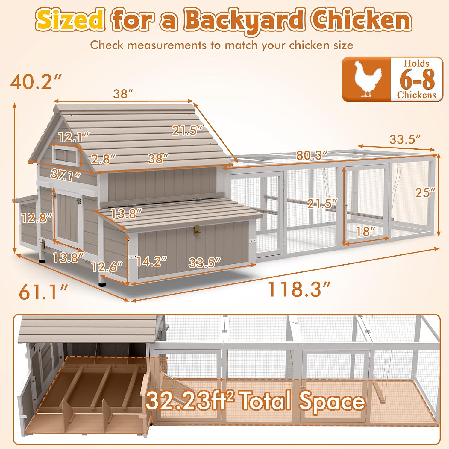 Ketive Large Chicken Coop with Run for 6–8 Chickens — Wooden Outdoor Hen House Chicken Hutch with 6 Nesting Boxes, Dual Ramp Doors, Slide-Out Tray, Curved Roof (118.3' L x 38' W x 40.2' H)