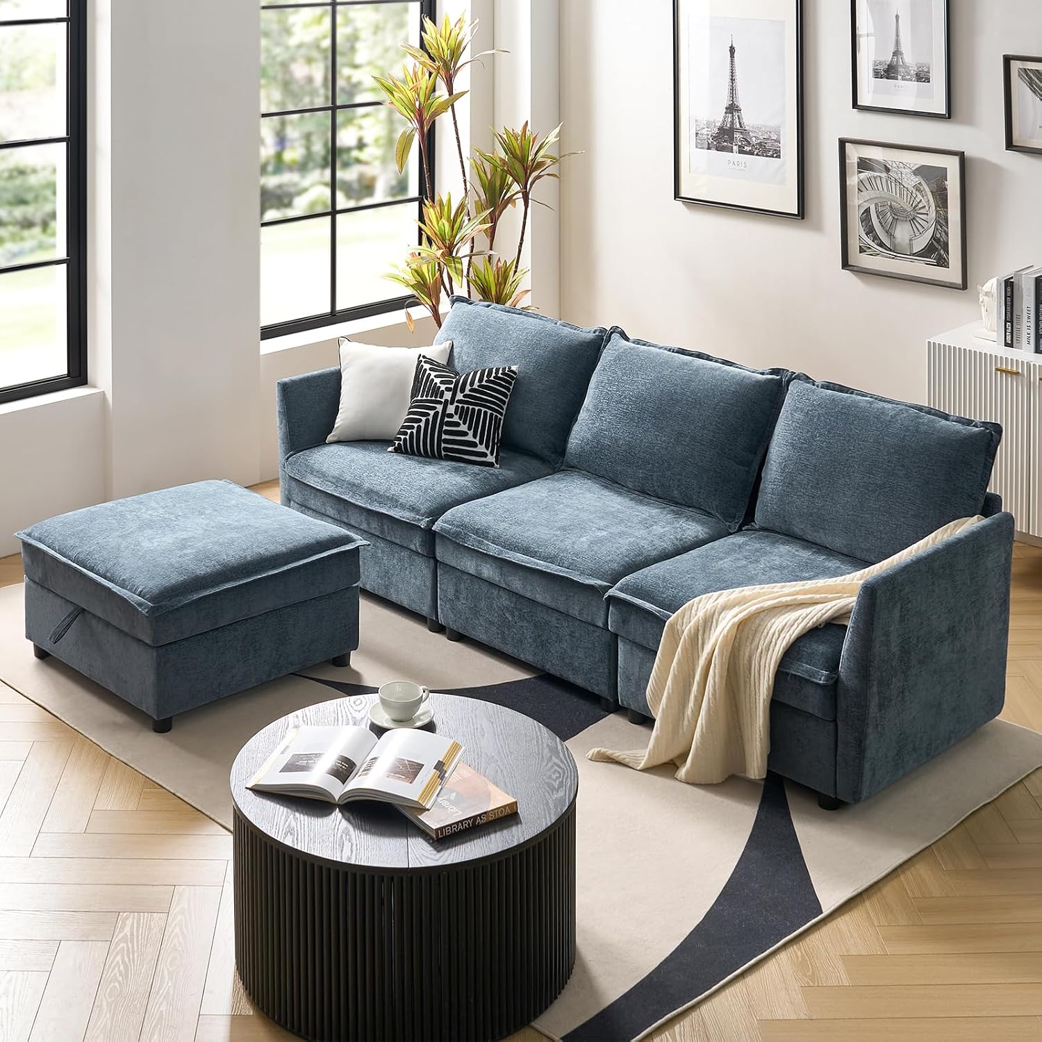 HULALA HOME 97'' Modular Sectional Sofa, L Shaped Couch with Storage Ottoman, Comfy Chenille Sofa with Deep Seat, 4 Seat Convertible Sectional Couches for Living Room, Blue