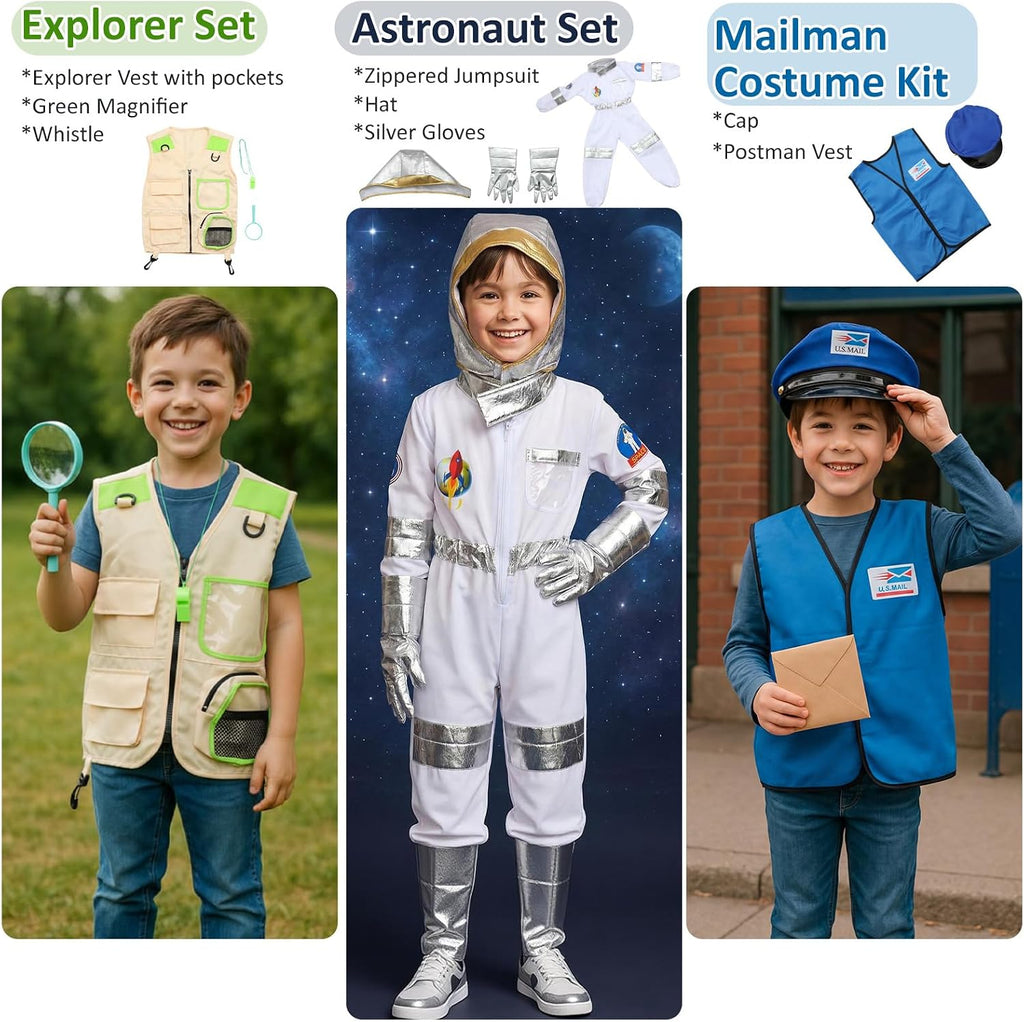Vicenpal 15 Sets Toddler Dress up Clothes Kids Role-Play Costumes Police Firefighter Doctor Nurse Astronaut Barista Director Postman Laborer Chef Gardener Explorer Scientist Reporter Sanitation Worker
