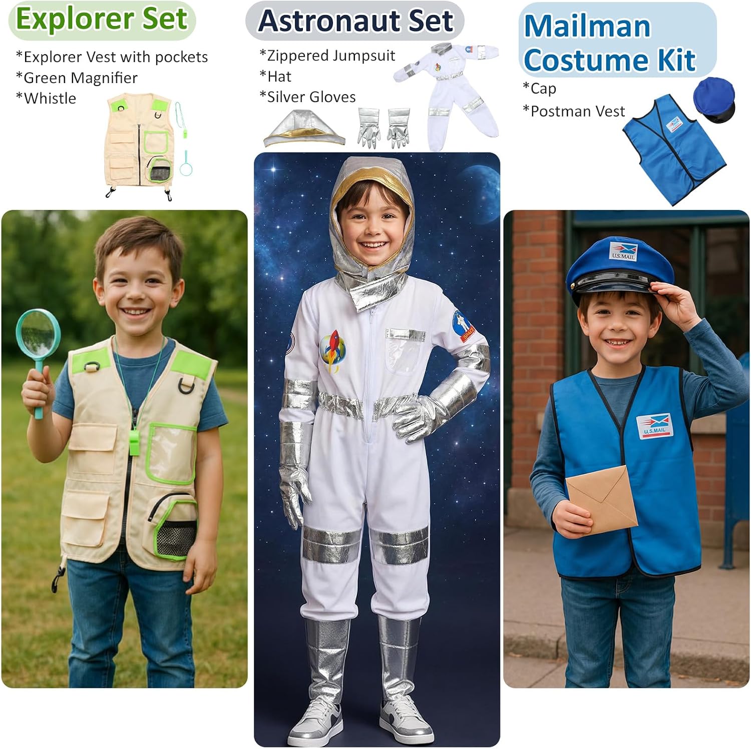 Vicenpal 15 Sets Toddler Dress up Clothes Kids Role-Play Costumes Police Firefighter Doctor Nurse Astronaut Barista Director Postman Laborer Chef Gardener Explorer Scientist Reporter Sanitation Worker