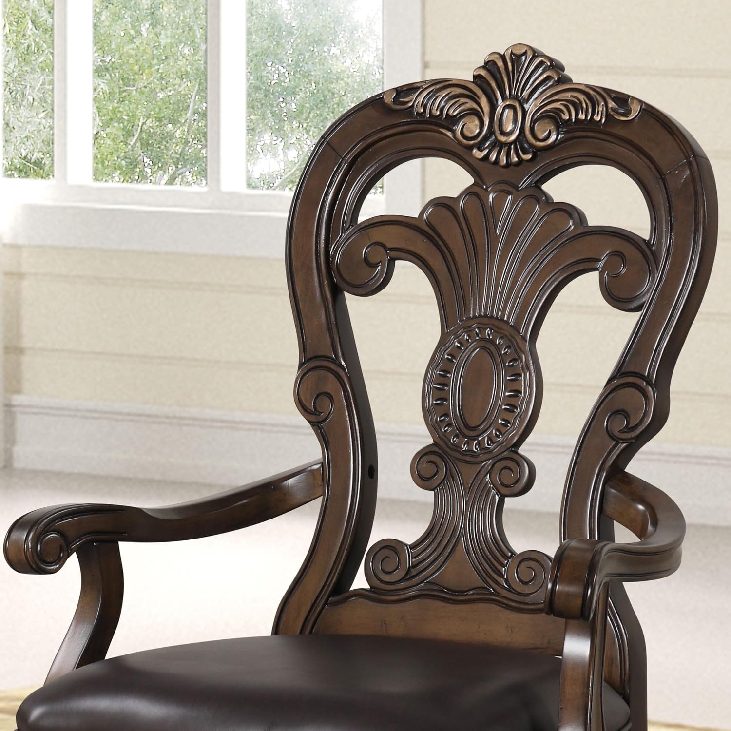 Furniture of America Anatole Traditional Arm Chairs Set of 2, Comfortable Upholstered Seating with Ornate Corbels, Gold Tip Crown Molding and Backrest for Dining Room and Living Room, Dark Brown