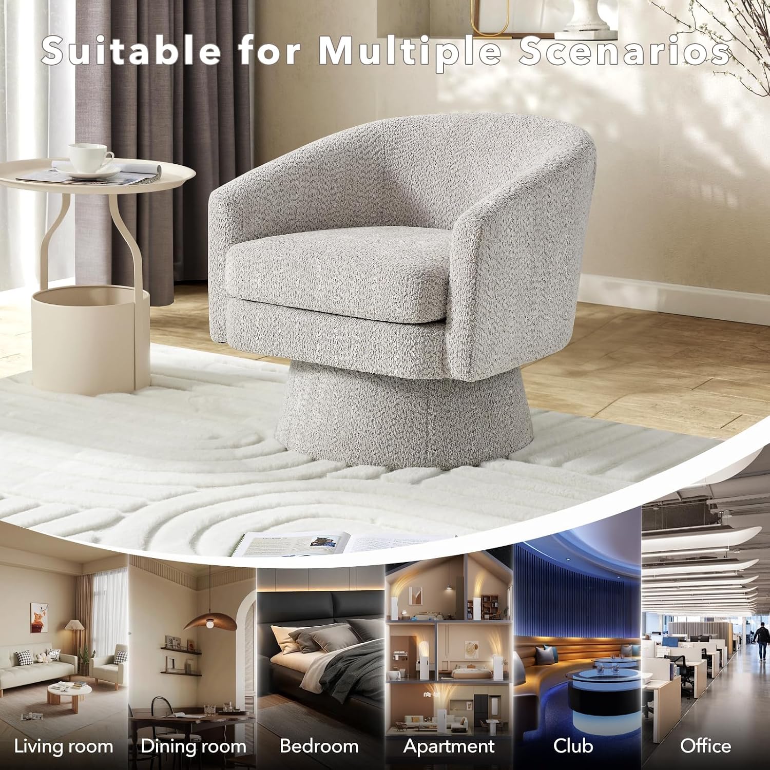 360° Swivel Barrel Accent Chair, Modern Chenille Upholstered Armchair with Curved Back, Soft Cushion & Arms, Wooden Frame, Storage Pocket, Comfy Reading Lounge Chair for Living Room, Bedroom, Office