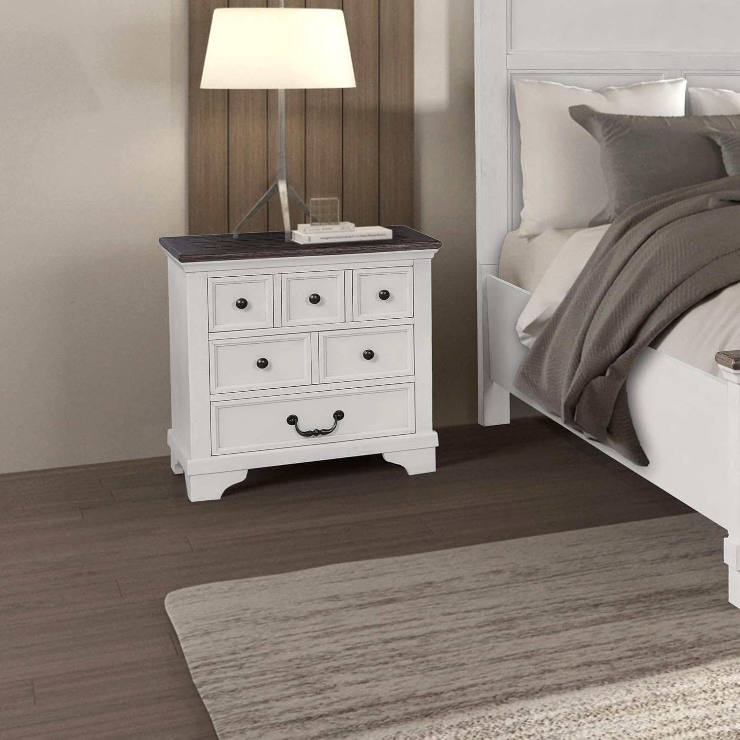 Furniture of America Roden Modern Farmhouse Solid Wood Nightstand with 3 Drawers and USB Ports, Large Bedside Table, Wooden Night Stand for Bedroom, Dorm, White/Dark Brown