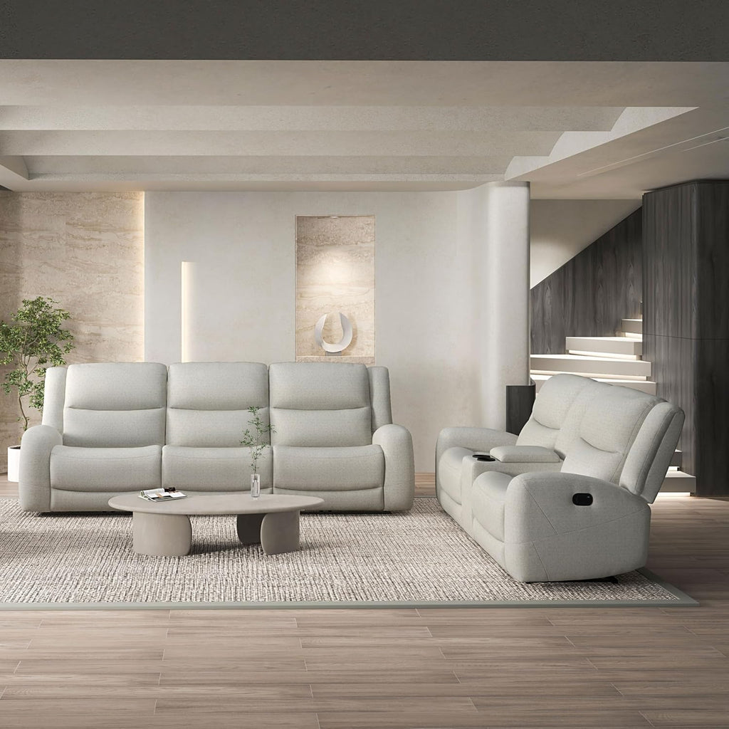 Furniture of America Muriel Modern 2-Piece Manual Recliner Sofa Set with Center Console, Cup Holders and Arm Storages, Comfortable Couch and Loveseat Set for Living Room, Office, Bedroom, Beige