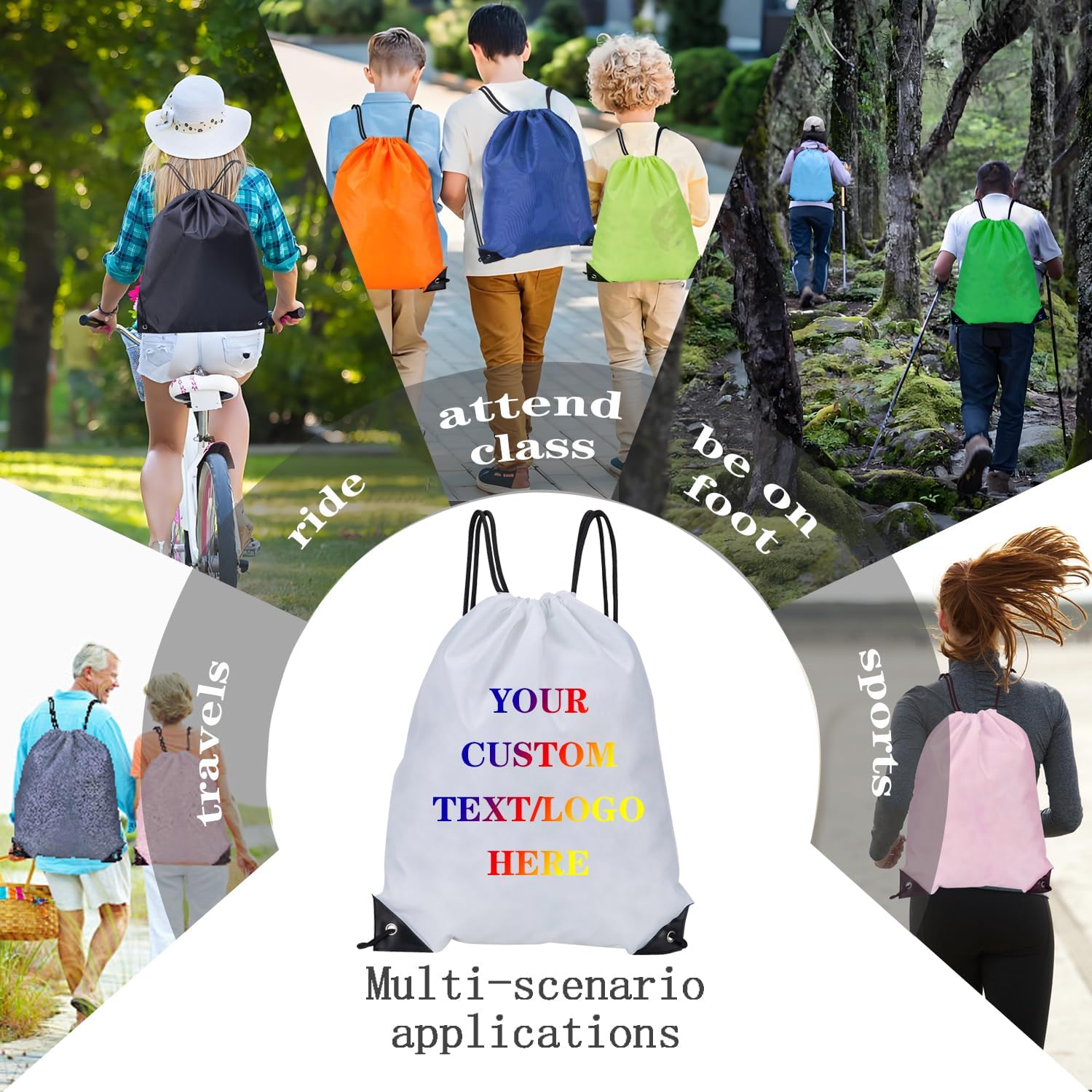 Custom Bags With Your Logo Set of 100 Custom Backpack Draw String Bags Pack Bulk for Travelling Swimming Gym Everyday Use (White)