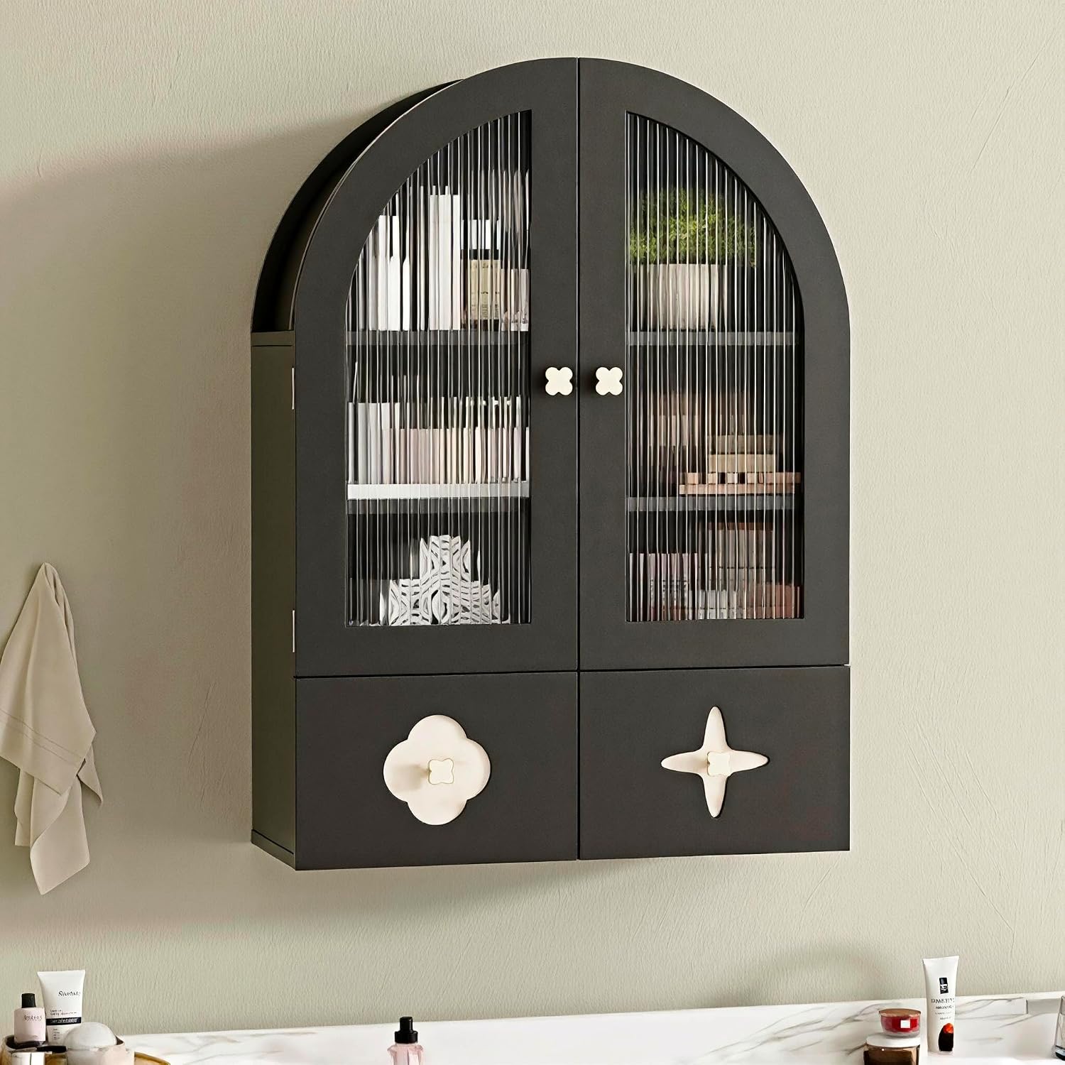 BREEZEHEAT Arched Bathroom Wall Cabinet, Medicine Cabinet Over Toilet Storage w/Fluted Glass Doors & Adjustable Shelf, Wood Hanging Cupboard for Laundry Room, Entryway, Kitchen, Black, 23.6x33.5 Inch