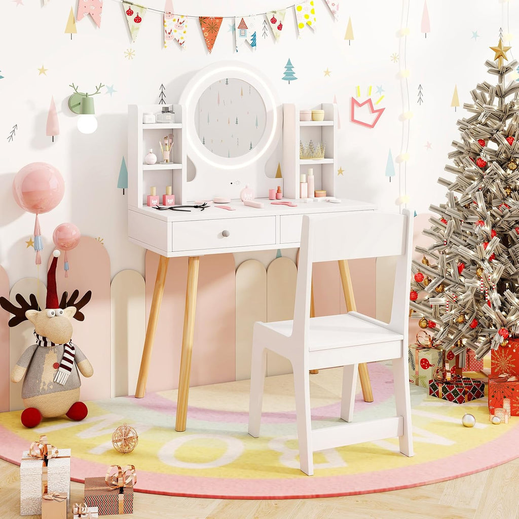 HONEY JOY Kids Vanity, Girls Vanity Set with Mirror and Stool and Lights, Drawers & Storage Shelves, Toddler Makeup Vanity Dressing Table, Pretend Play Kids Vanity Table and Chair Set (White)